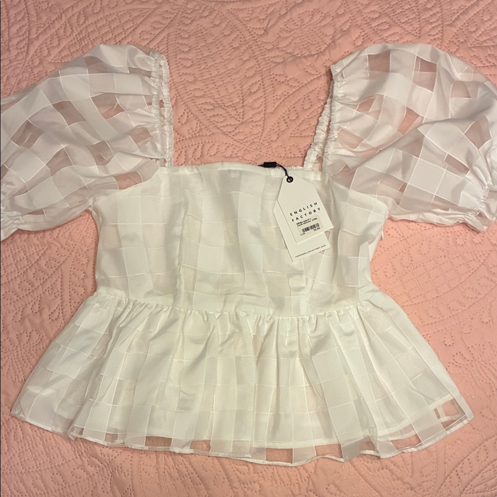 English Factory White Sheer Check Puff-Sleeve Peplum Top